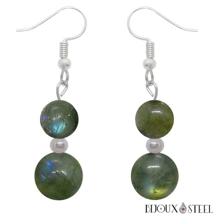 Boucles d'oreilles pendantes doubles perles de labradorite en pierre naturelle et acier inoxydable
