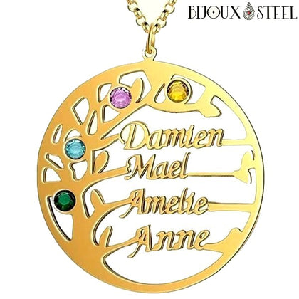 Collier arbre généalogique personnalisable doré à 4 prénoms