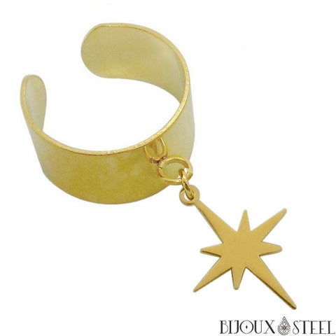 Bague large dorée ajustable à pendentif étoile du nord en acier inoxydable