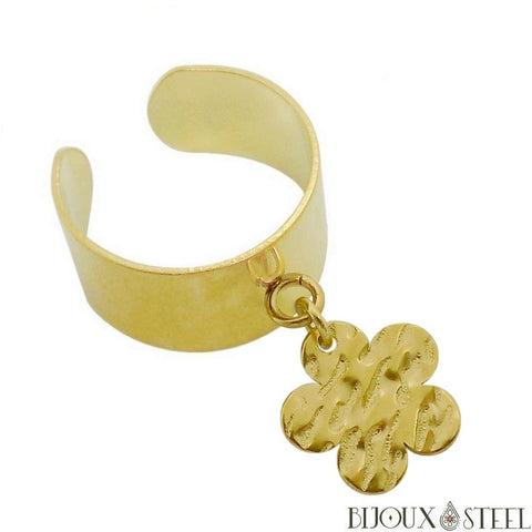 Bague large dorée ajustable à pendentif fleur martelée en acier inoxydable