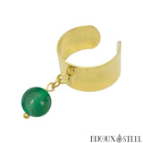 Bague large dorée ajustable à perle de jade de Malaisie en pierre naturelle