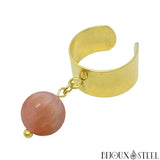 Bague large dorée ajustable à perle de pierre du soleil 10mm en acier inoxydable