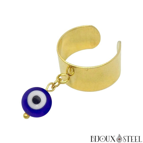 Bague large dorée ajustable à perle mauvais oeil bleu 8mm en acier inoxydable