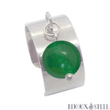 Bague large pampille argentée réglable à perle de jade de Malaisie acier inox et pierre naturelle