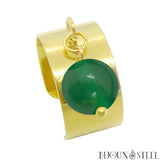 Bague large pampille dorée réglable à pendentif perle en jade de Malaisie 