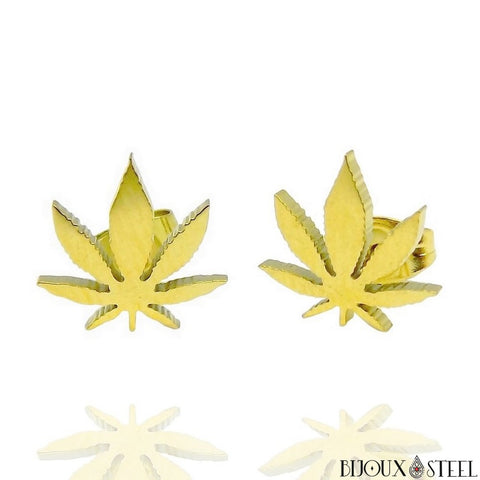 Boucles d'oreilles feuilles de cannabis dorées en acier inoxydable