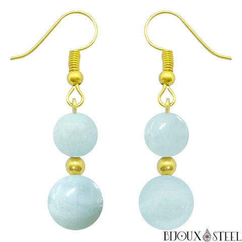 Boucles d'oreilles pendantes dorées doubles perles d'aigue-marine acier inoxydable