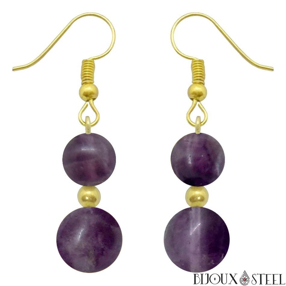 Boucles D'Oreilles Dormeuses Dorées Serti CZ Bleu Et Demie Perle Améthyste Violette SB9