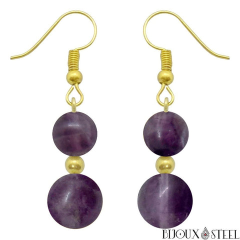 Boucles d'oreilles pendantes dorées doubles perles de fluorite violette en pierre naturelle et acier inoxydable