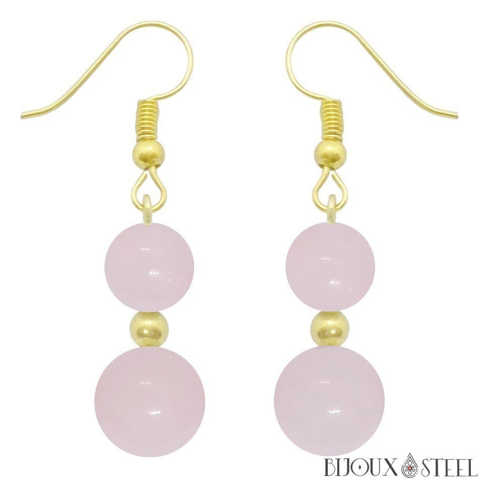 Boucles D'Oreilles Pendantes En Acier & Quartz Rose - Dormeuses - Neuf Avec Étiquettes