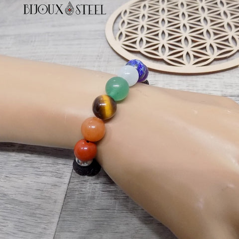 Bracelet d'équilibre 7 chakras en pierre de lave naturelle 10mm