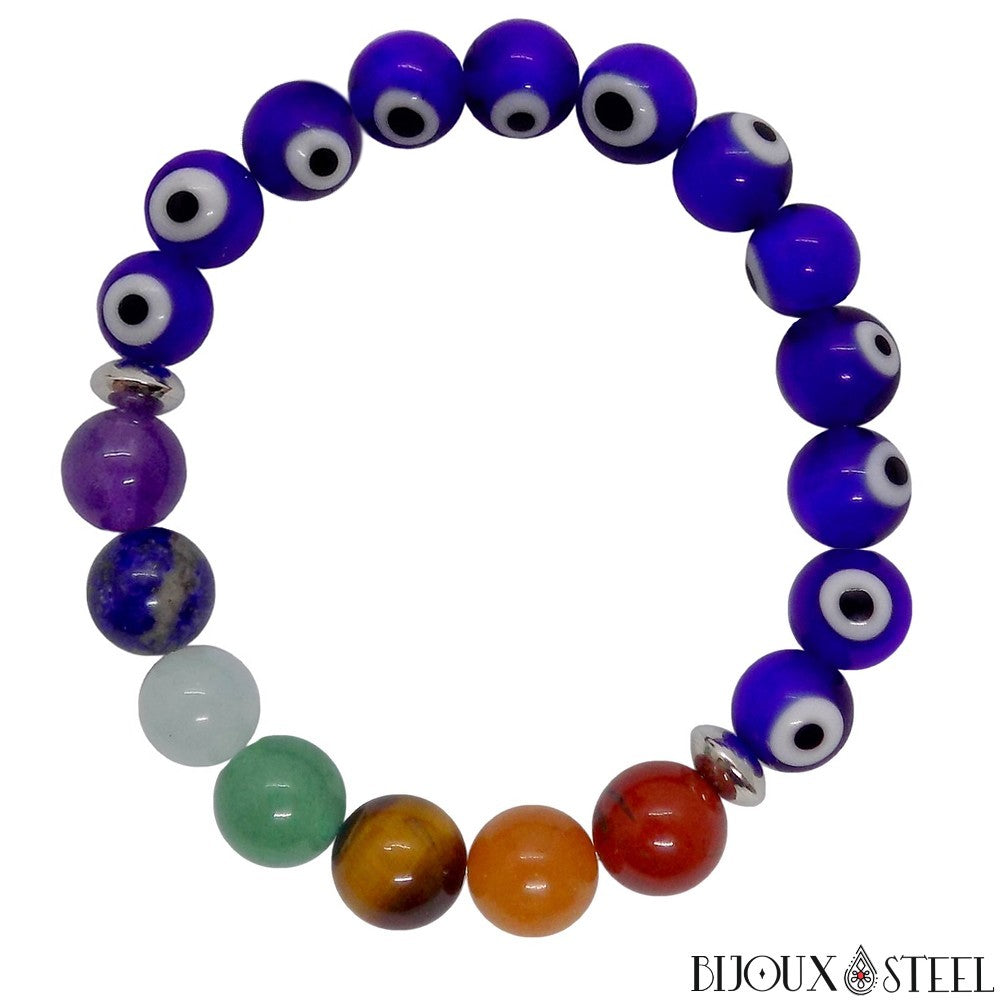 Bracelet Chakra En œil De Tigre Bleu Et Pierres 7 Chakras - Fait Main En France, Taille Sur Mesure (8mm)
