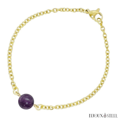 Bracelet doré à perle de fluorite violette 8mm en pierre naturelle et acier inoxydable
