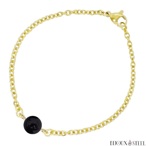 Bracelet à perle de tourmaline noire 8mm et sa chaîne dorée en acier inoxydable