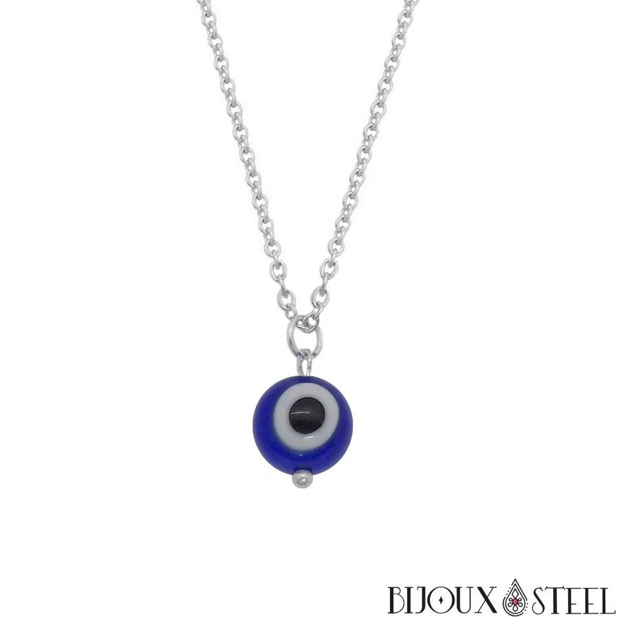 Collier à pendentif perle mauvais oeil bleu en verre Bijoux Steel