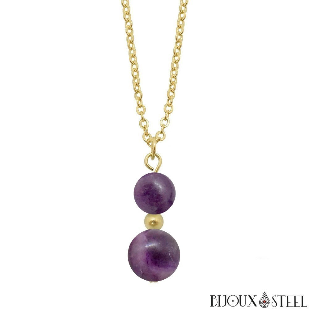 Collier En Perles Naturelles Fluorite Violette - Marque Désirs Essentiels Paris, Neuf Avec étiquettes, Acier Inoxydable, Bijou Pierre Naturelle