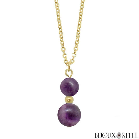 Collier à pendentif doré deux perles de fluorite violette