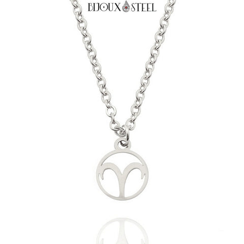 Collier à pendentif signe astrologique bélier argenté en acier inoxydable