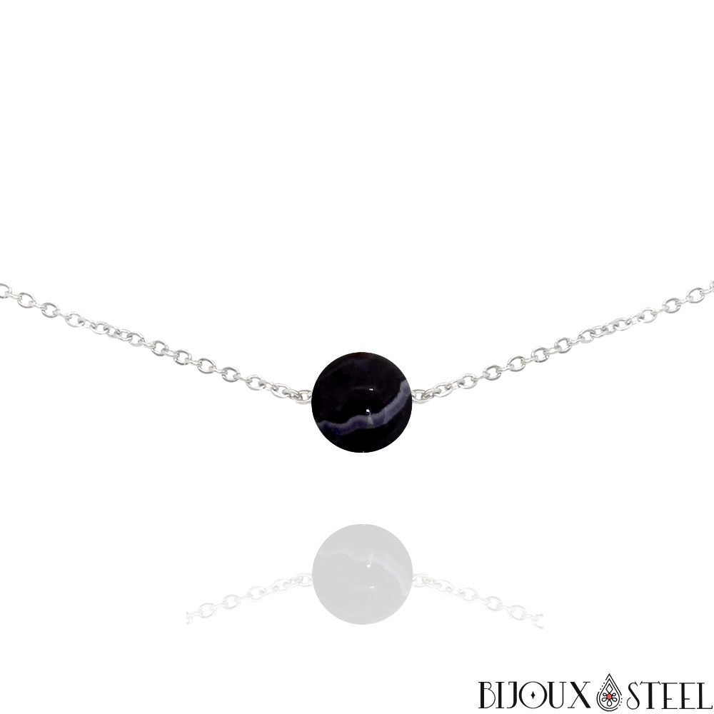 Collier & Boucles D'Oreilles Faits Main - Agate Rayée & Cristal Swarovski - Argenté - Noir/Gris