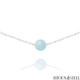 Collier argenté à perle d'aigue-marine 10mm en acier inoxydable et pierre naturelle