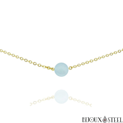 Collier doré à perle d'aigue-marine 8mm en pierre naturelle et acier inoxydable