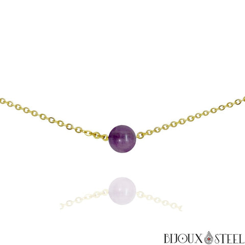 Collier doré à perle de fluorite violette 8mm en pierre naturelle et acier inoxydable