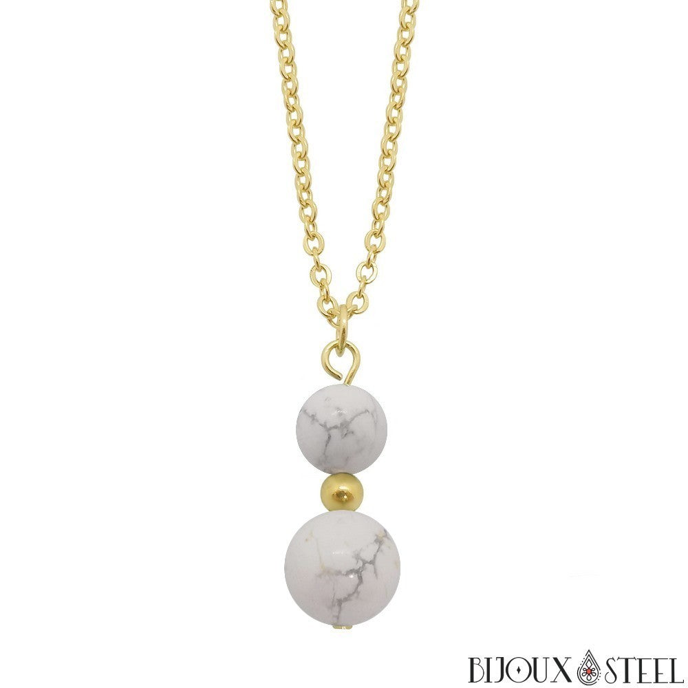 Collier Perles D'Howlite 8 Mm - Chaine En Acier Inoxydable - Bijou Zen Et Naturel - Neuf