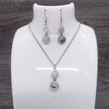 Parure boucles d'oreilles et collier deux perles en pierre de quartz tourmaline et acier inoxydable argenté