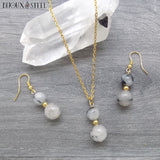 Parure dorée collier à pendentif et boucles d'oreilles pendantes en perles de quartz tourmaline et acier inoxydable