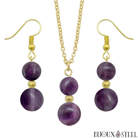 Parure dorée doubles perles de fluorite violette en pierre naturelle