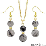 Parure dorée doubles perles en quartz tourmaline pierre naturelle