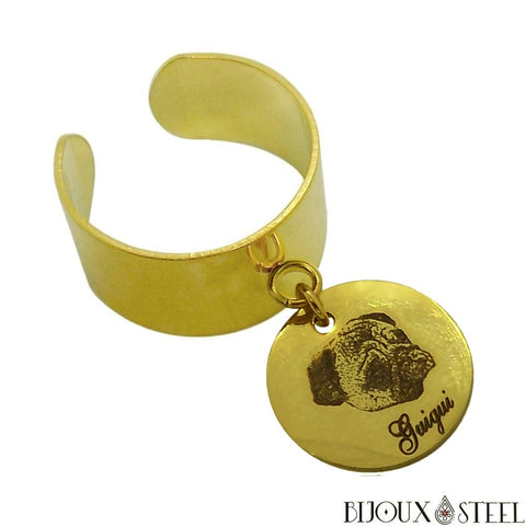 Bague ajustable dorée personnalisée à médaille gravée animal chien chat en acier inoxydable