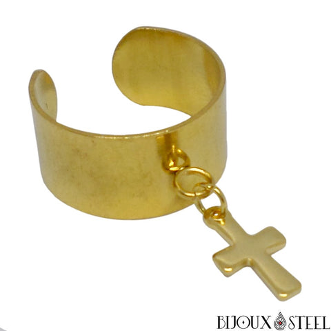 Bague anneau large pampille ajustable doré à croix pendant en acier chirurgical