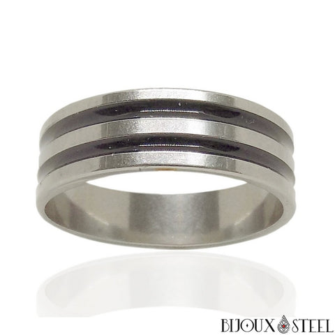 Bague argentée deux bandes noires en acier inoxydable