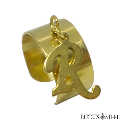 Bague dorée large ajustable à pendentif lettre en acier inoxydable