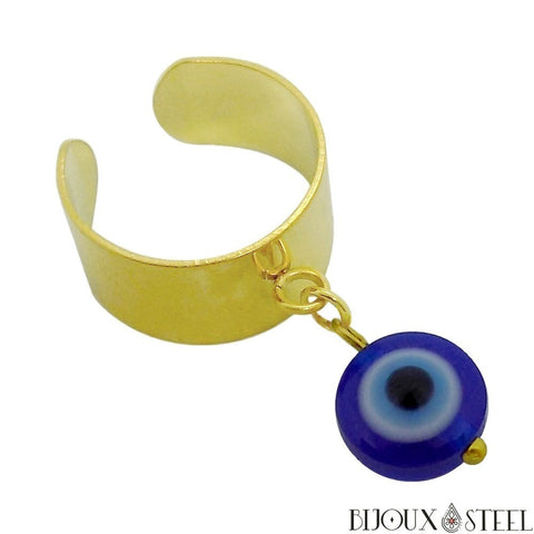 Bague large ajustable dorée à pendentif mauvais oeil en acier inoxydable