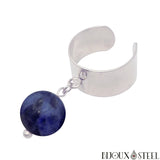 Bague large argentée réglable à pendentif perle de sodalite 10mm pierre naturelle
