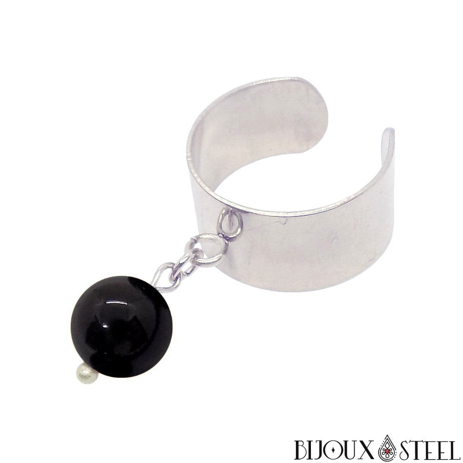 Anneau Acier Noir Avec Boule En Obsidienne Flocon De Neige - Piercing Corps, équilibre émotionnel - Bijou Lithothérapie - 6
