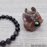 Bague large réglable à pendentif perle d'obsidienne oeil céleste en pierre naturelle