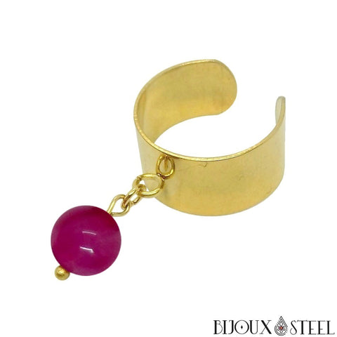 Bague large dorée ajustable à perle d'agate magenta teintée 8mm en pierre naturelle