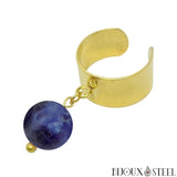 Bague large dorée ajustable à perle de sodalite 10mm acier inoxydable et pierre naturelle