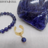 Bague large dorée femme et bracelet en perles de sodalite