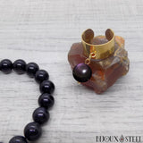 Bague large dorée réglable à pendentif perle d'obsidienne oeil céleste en acier chirurgical