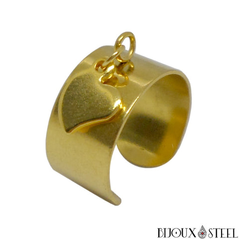 Bague large pampille ajustable dorée à pendentif coeur original