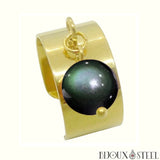 Bague large pampille argentée à perle d'obsidienne oeil céleste