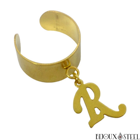 Bague large réglable dorée à pendentif lettre en acier inoxydable