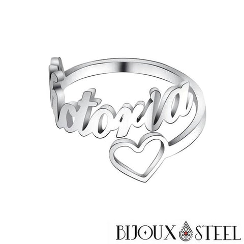 Bague argentée à cœur et prénom personnalisable et ajustable en acier chirurgical