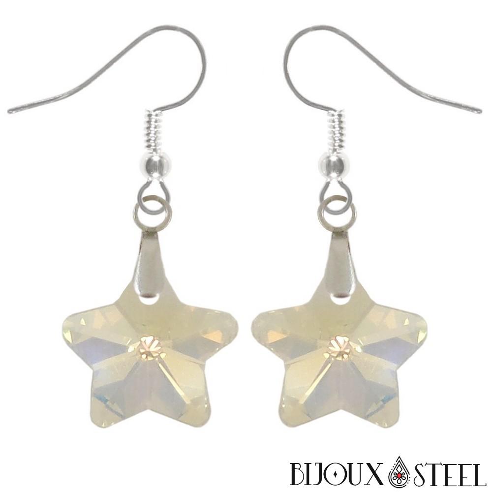 Boucles D'oreilles Pendantes étoile En Acier Et Zircon - Argenté, Sans Emballage - Neuf