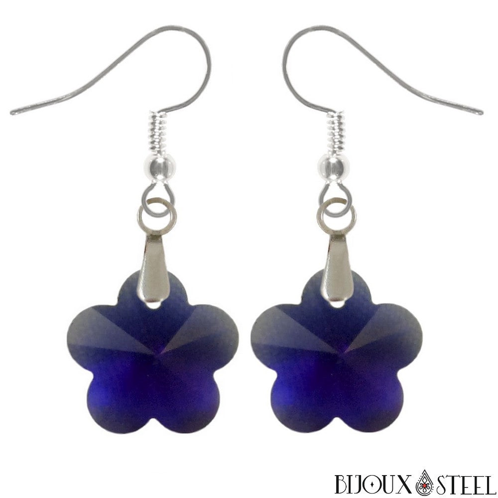 Boucles D'oreilles Avec Grande Perle De Verre Bleue Et Fleur En Cuivre - Neuf Sous Emballage
