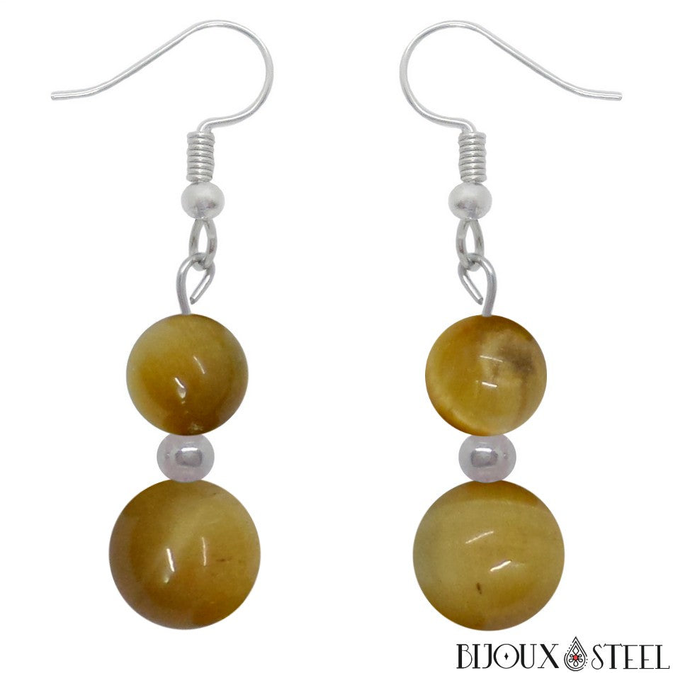 Boucles D’oreilles En Pierre œil De Tigre – Pendantes Dormeuses – Neuf Avec étiquettes